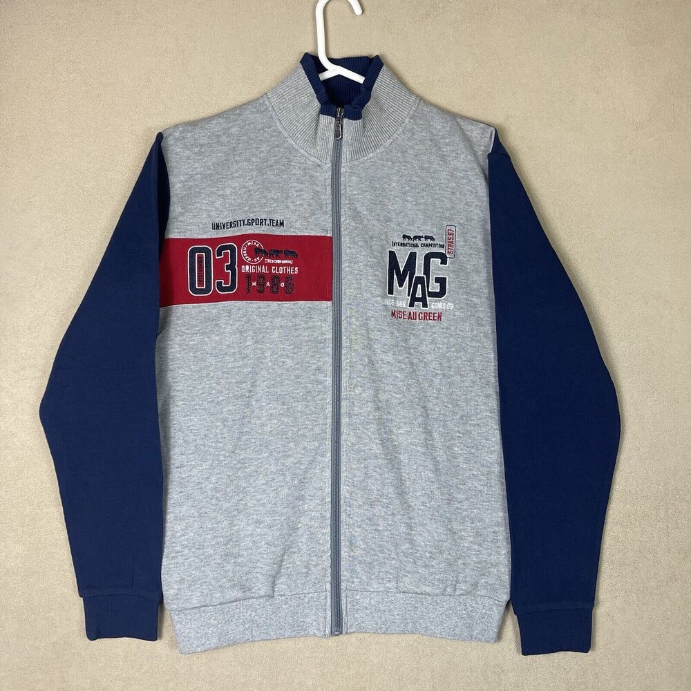 Mise Au Green Sweater‎ Mens Large Gray Blue Full Zip Pullover University Adult
